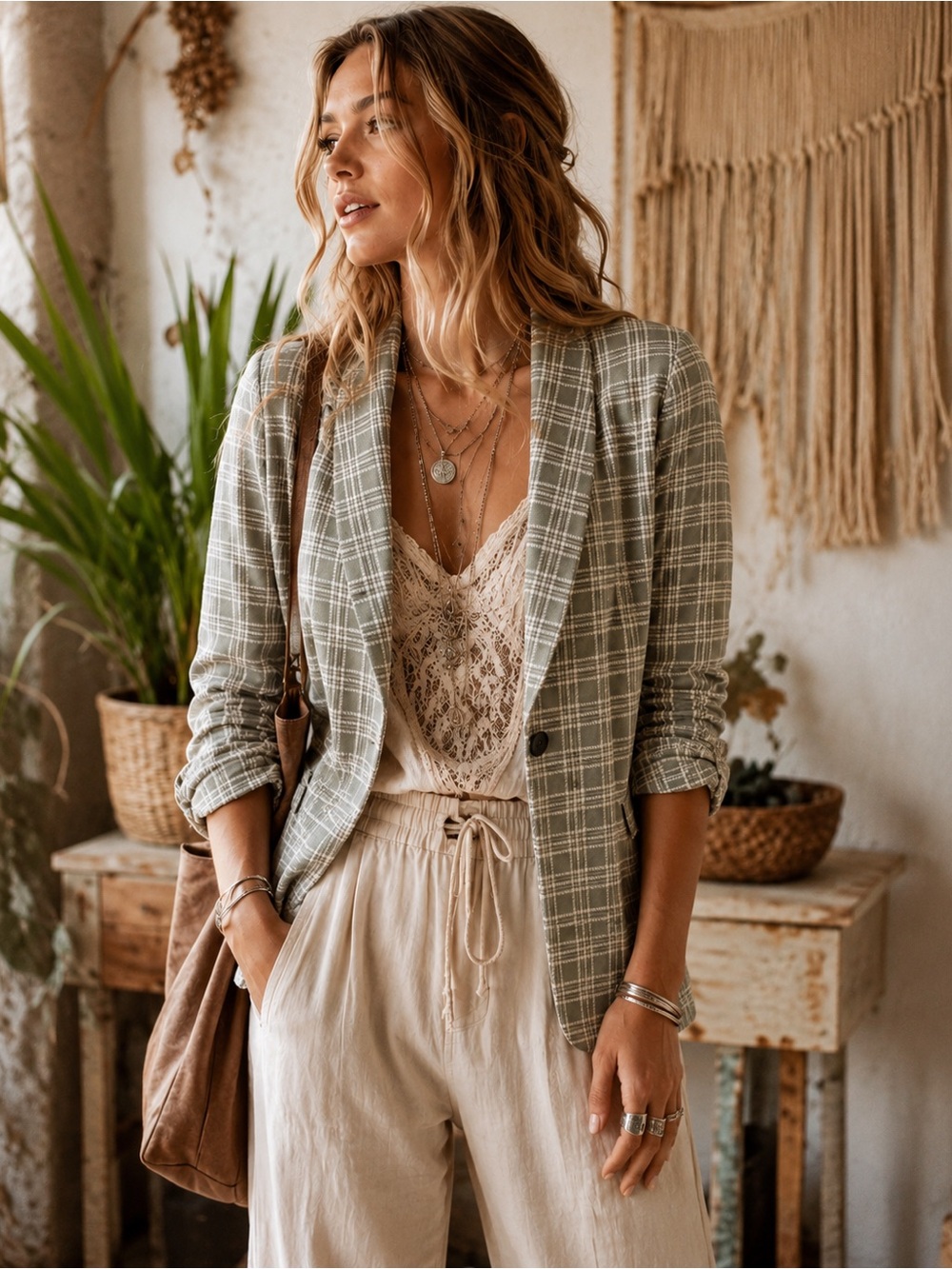 Altar’d State Plaid Knit Blazer Small Sage Green Ruched Sleeve Stretch Jacket
